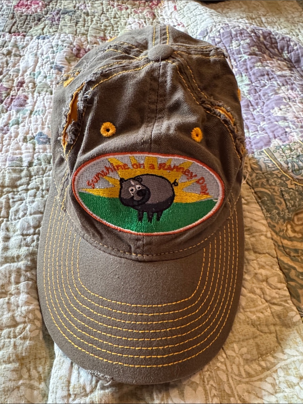 District Green Distressed Baseball Cap with Yellow Stitching and Patch